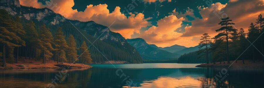 Foto Paisagem Montanhas Lago Pôr do Sol Céu Laranja Reflexo Água