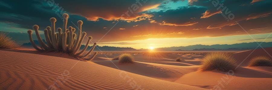 Foto Deserto Cactos Dunas Pôr do Sol Céu Laranja Azul