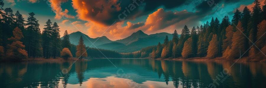 Foto Paisagem Lago Montanhas Floresta Pôr do Sol Cores Vibrantes
