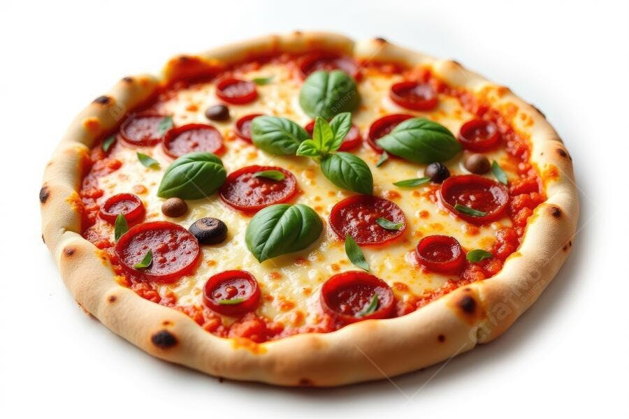 Foto Pizza Calabresa com Manjericão e Azeitonas Fundo Branco