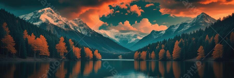 Foto Paisagem Montanhas Nevadas Lago Floresta Outono Pôr do Sol