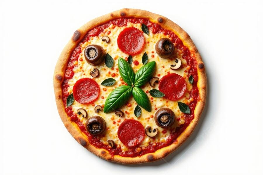 Foto Pizza Calabresa Cogumelos Manjericão Fundo Branco Flat Lay