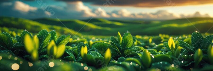 Foto Plantação Verde Gotas de Orvalho Amanhecer Campo