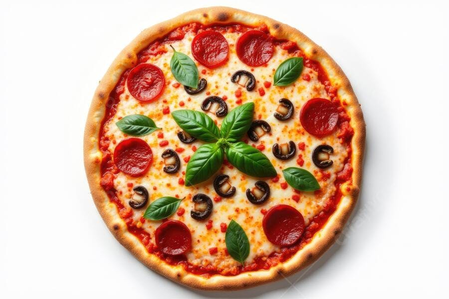 Foto Pizza Calabresa com Champignon e Manjericão Fundo Branco
