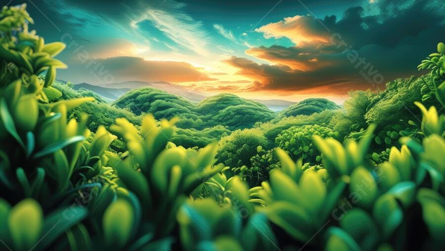 Foto Paisagem Floresta Verde Pôr do Sol Céu Dramático
