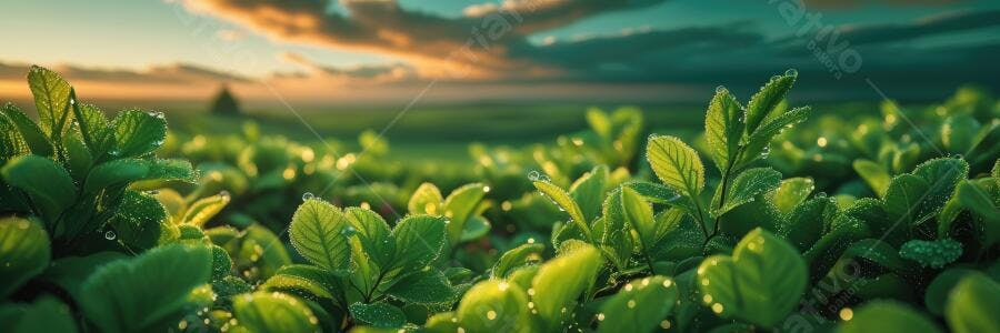 Foto Campo de Soja Verde Orvalho Amanhecer Dourado