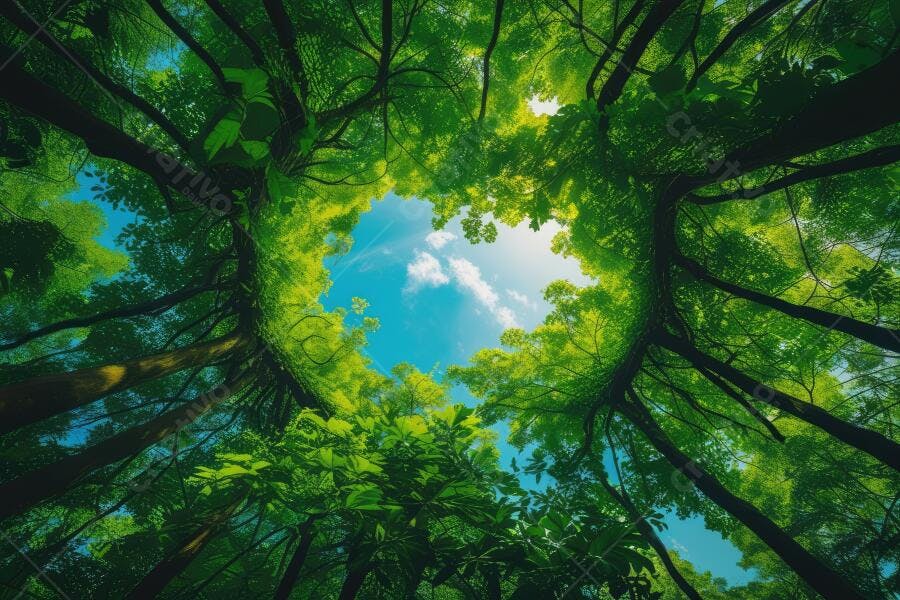 Foto Floresta Vista de Baixo Árvores Verdes Céu Azul Natureza