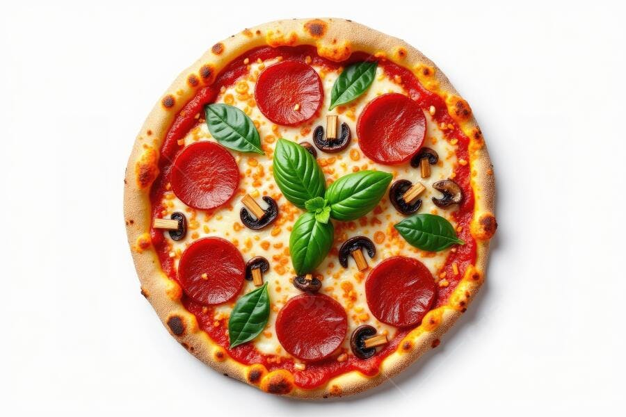 Foto Pizza Calabresa com Manjericão e Cogumelos Fundo Branco Flat Lay