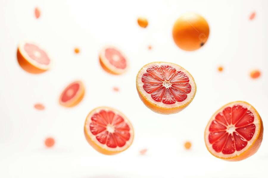Foto Toranjas Vermelhas Fatiadas Flutuando Fundo Branco Estúdio