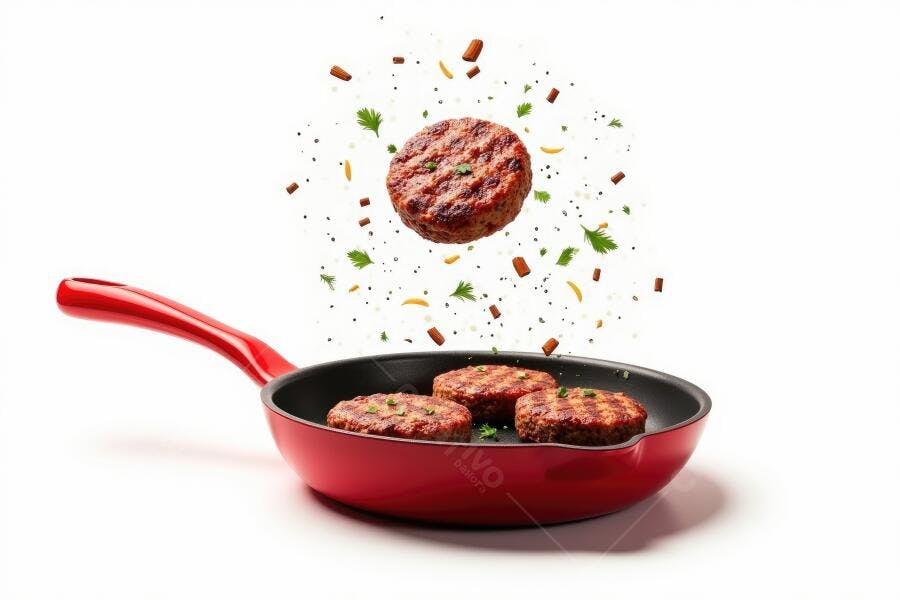 Foto Hambúrguer Artesanal Fritando Panela Vermelha Fundo Branco