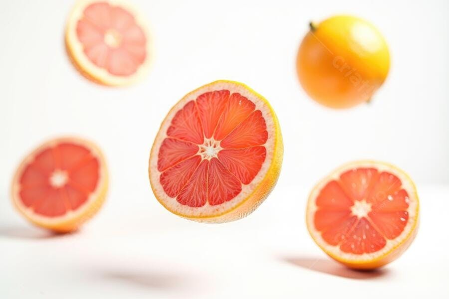 Foto Toranja Cortada e Limões Flutuando Fundo Branco Estúdio