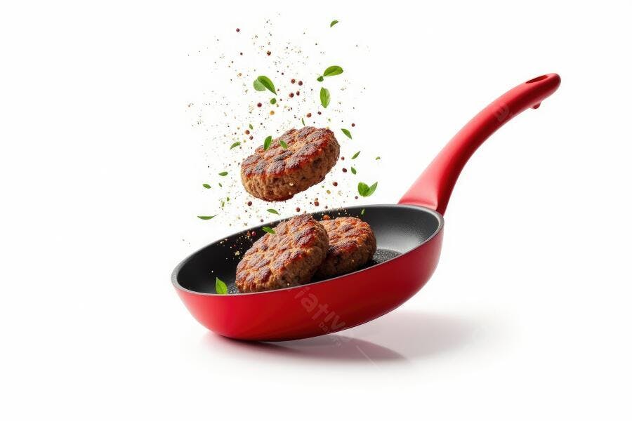 Foto Hambúrguer Artesanal Fritando Frigideira Vermelha Estúdio