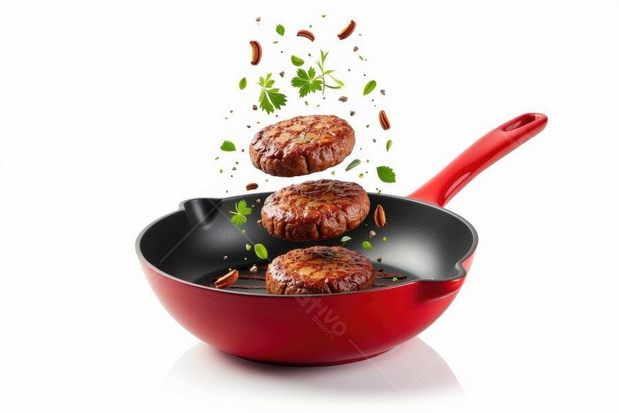 Foto Hambúrgueres Grelhados Salteando Frigideira Vermelha