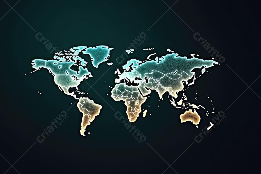 Mapa Mundi Neon Contornos Iluminados Fundo Escuro Digital
