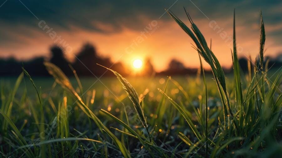 Foto Grama Verde Campo Pôr do Sol Dourado Natureza