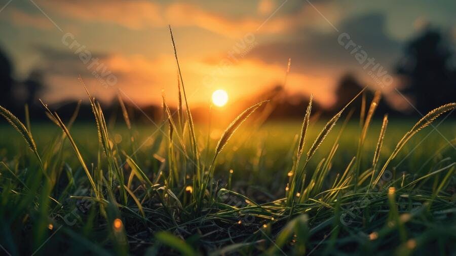 Foto Grama Verde Campo Pôr do Sol Dourado Natureza