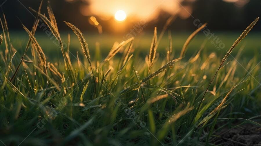 Foto Campo de Grama Verde Pôr do Sol Dourado Natureza