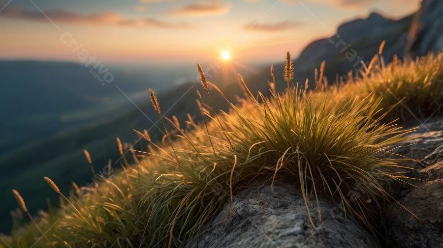 Foto Grama Crescendo Montanha Pôr do Sol Dourado Paisagem