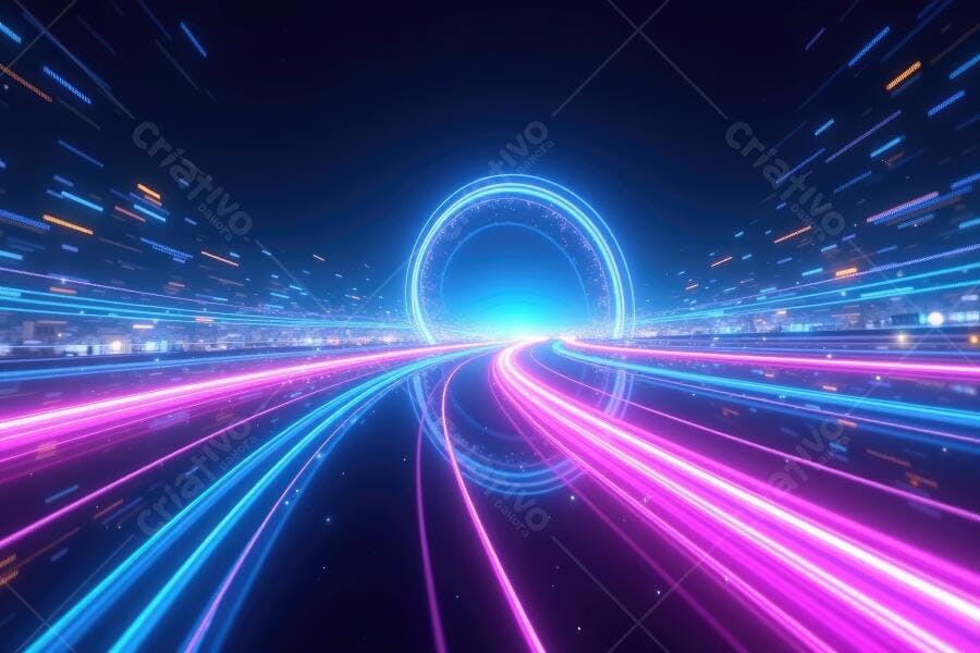 Foto Abstrata Túnel de Luzes Neon Velocidade Digital