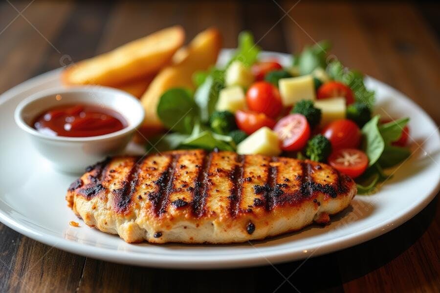 Foto Prato Frango Grelhado Batata Frita Salada Refeição Saudável