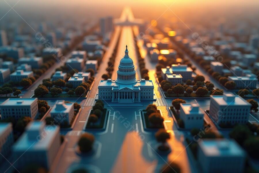 Foto Capitólio dos EUA Washington DC Pôr do Sol Aéreo Tilt-Shift