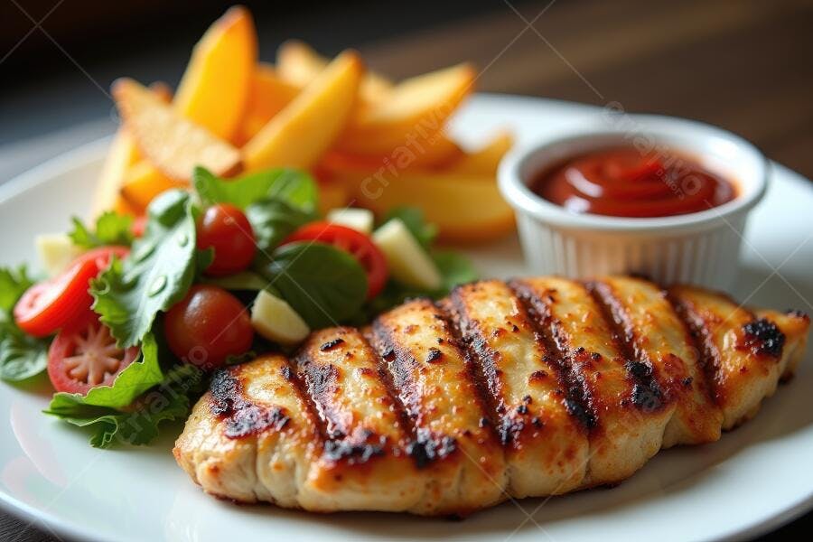 Foto Prato Frango Grelhado Batata Frita Salada Almoço Jantar