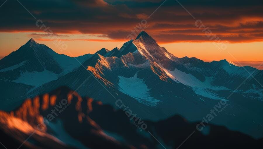 Foto Montanhas Nevadas Pôr do Sol Céu Laranja Dourado