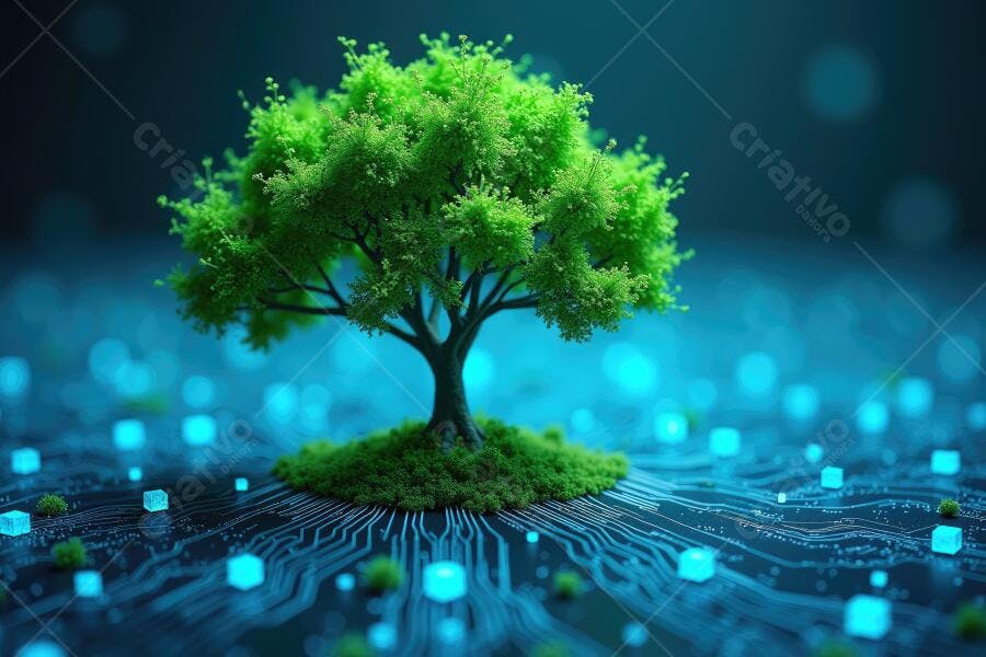 Foto Árvore Verde Crescendo Placa de Circuito Tecnologia Sustentável