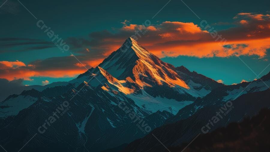 Foto Montanha Nevado Picos Iluminados Pôr do Sol Laranja Azul