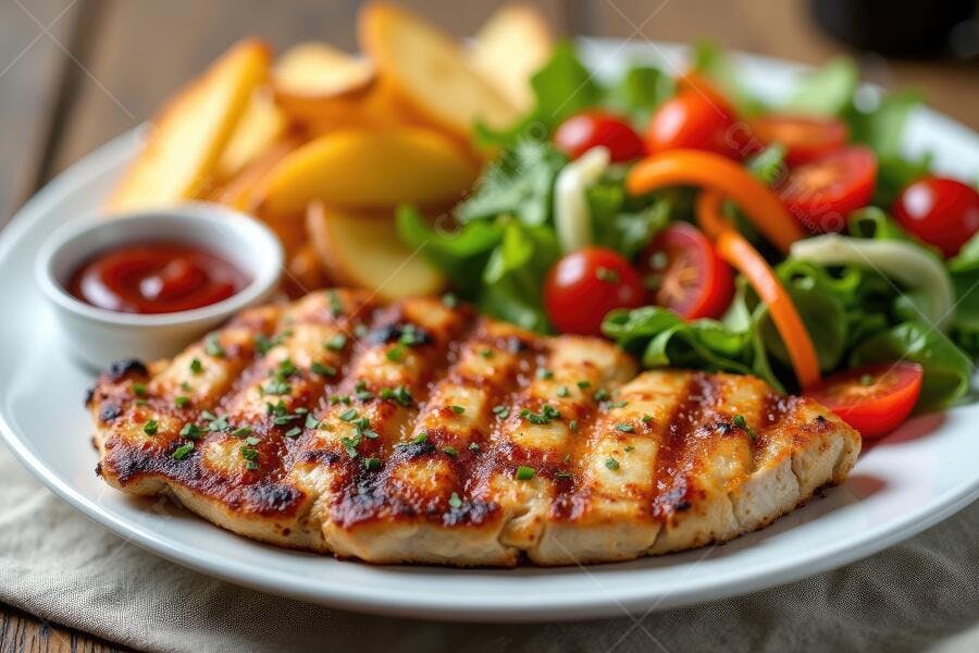 Foto Prato Frango Grelhado Batata Frita Salada Refeição Saudável