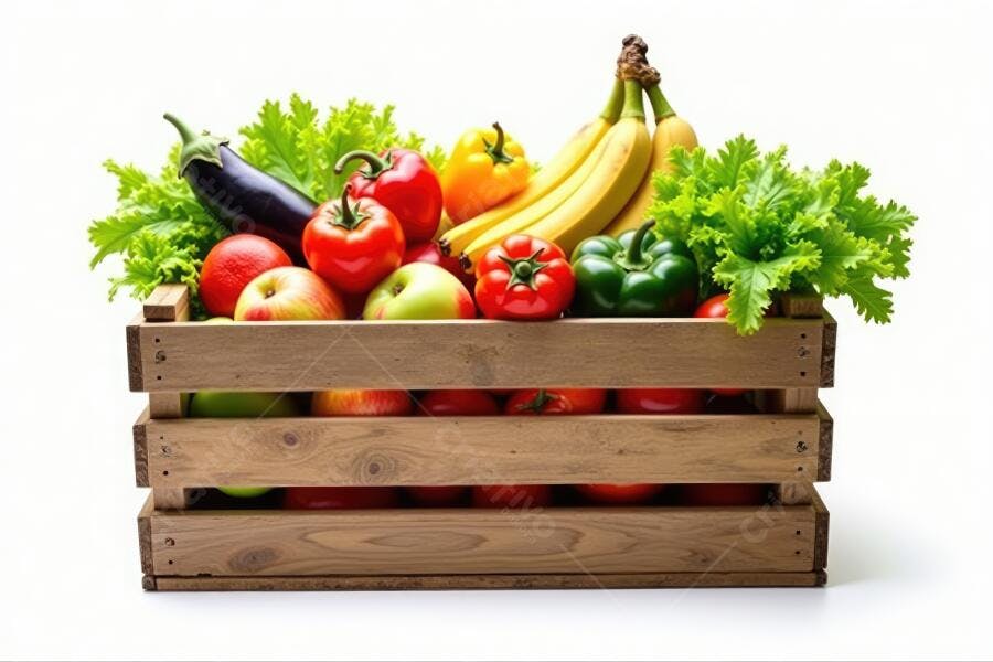 Foto Cesta de Frutas e Vegetais Frescos Orgânicos Fundo Branco