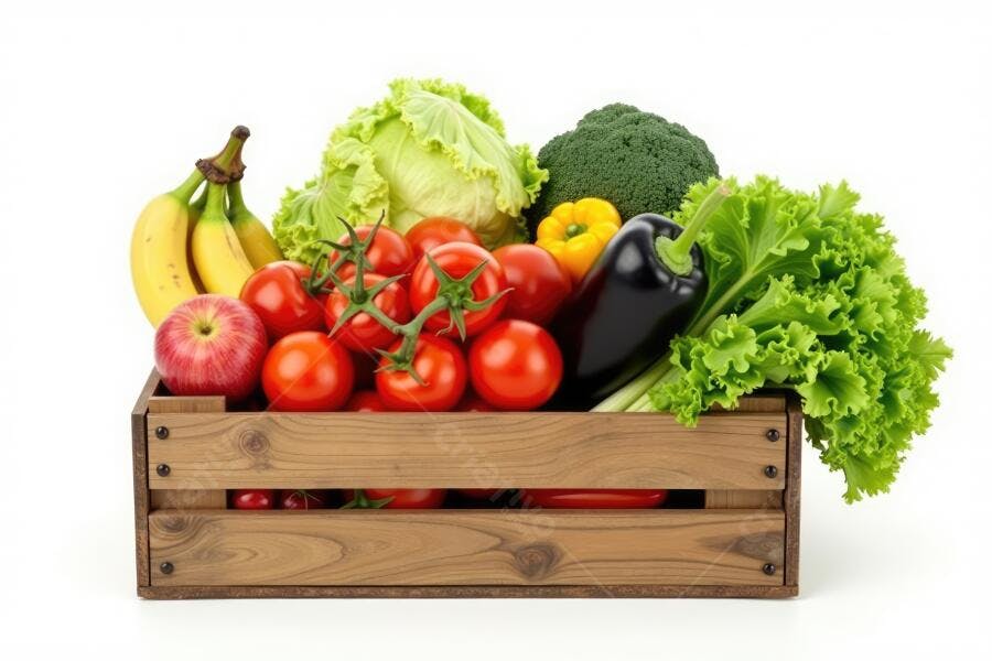 Foto Frutas e Vegetais Frescos Caixa de Madeira Fundo Branco