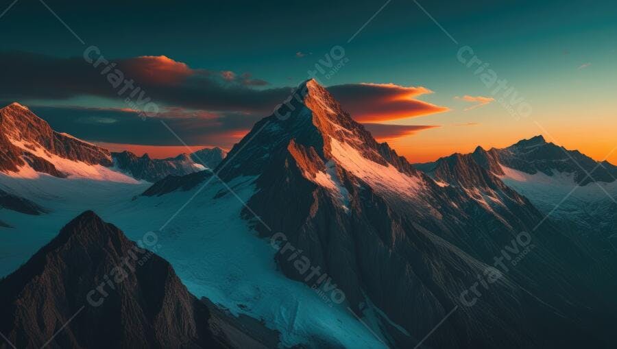 Foto Montanhas Nevadas Picos Rochosos Céu Laranja Azul Crepúsculo
