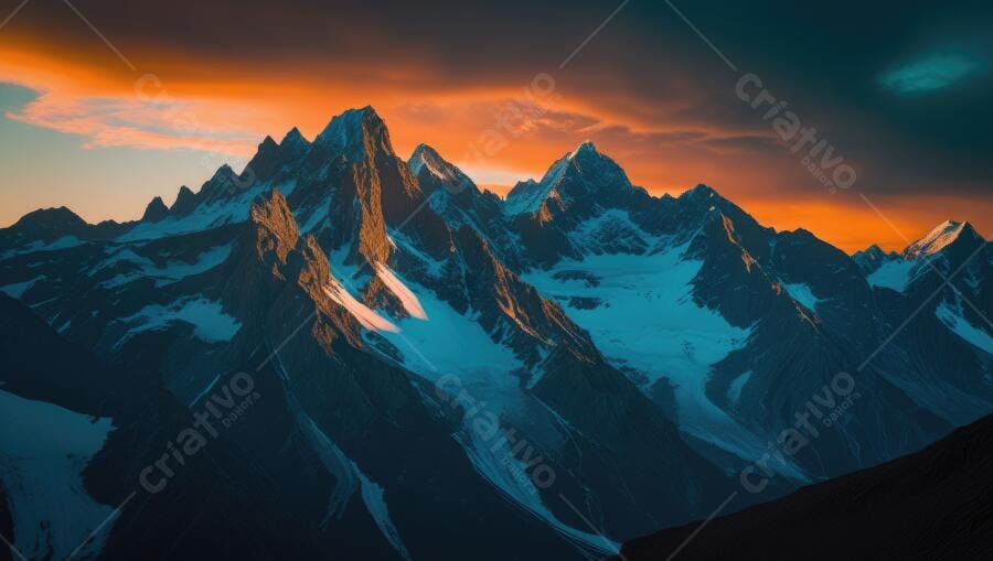 Foto Montanhas Nevadas Picos Rochosos Pôr do Sol Laranja Azul
