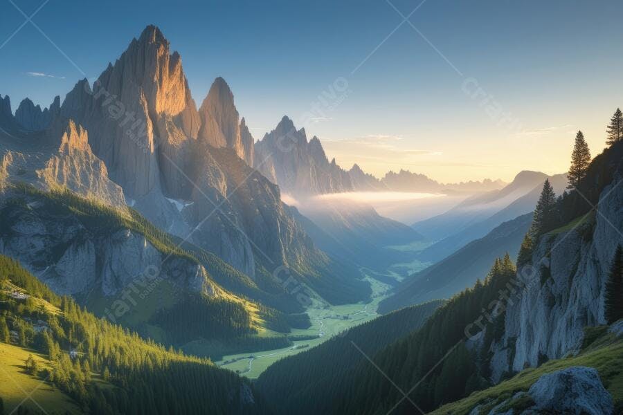 Foto Montanhas Dolomitas Vale Verde Nascer do Sol