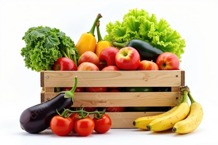 Foto Cesta de Frutas e Vegetais Frescos Orgânicos Brancos