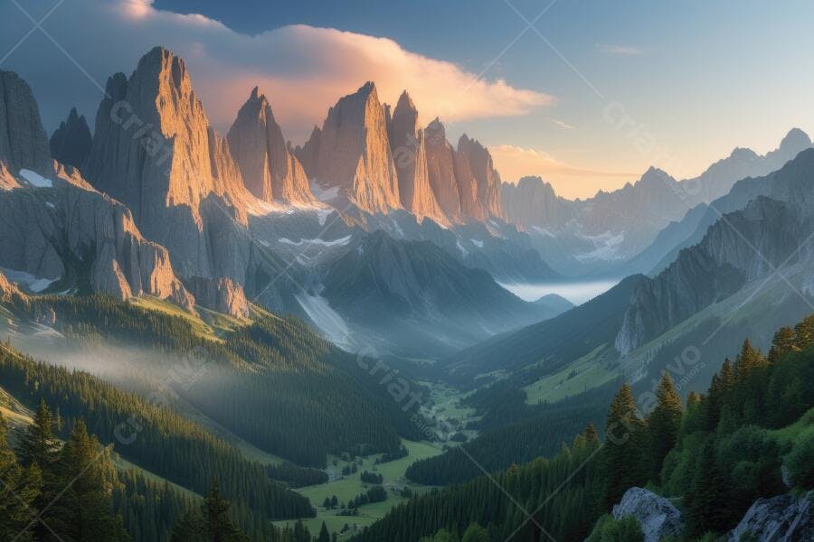 Foto Paisagem Montanhas Dolomitas Vale Verde Amanhecer