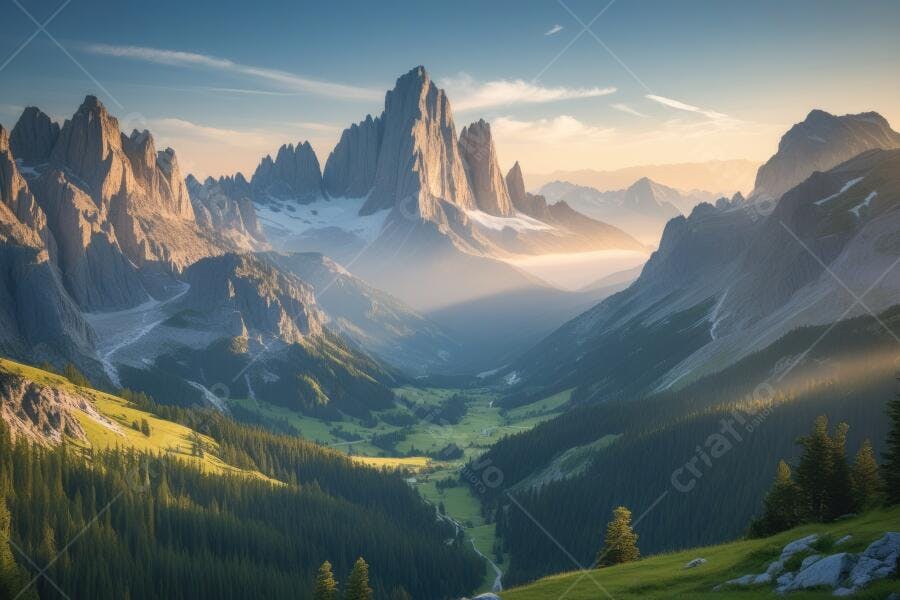 Foto Paisagem Montanhas Rochosas Vale Verde Pôr do Sol