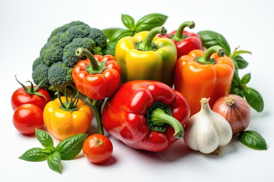 Foto Legumes Frescos Pimentões Brócolis Tomates Alho Manjericão