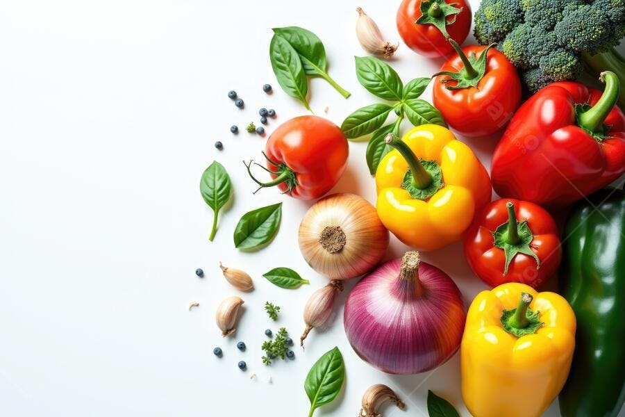 Foto Legumes Frescos Variados Pimentões Tomates Cebolas Alho