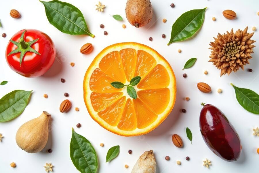 Foto Flat Lay Frutas e Vegetais Frescos Orgânicos Fundo Branco