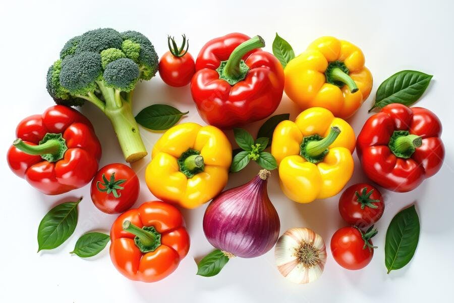 Foto Legumes Frescos Pimentões Brócolis Tomates Cebola Alho