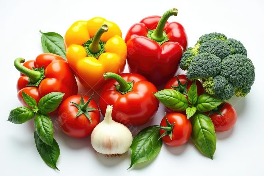Foto Legumes Frescos Pimentões Tomates Brócolis Alho Fundo Branco