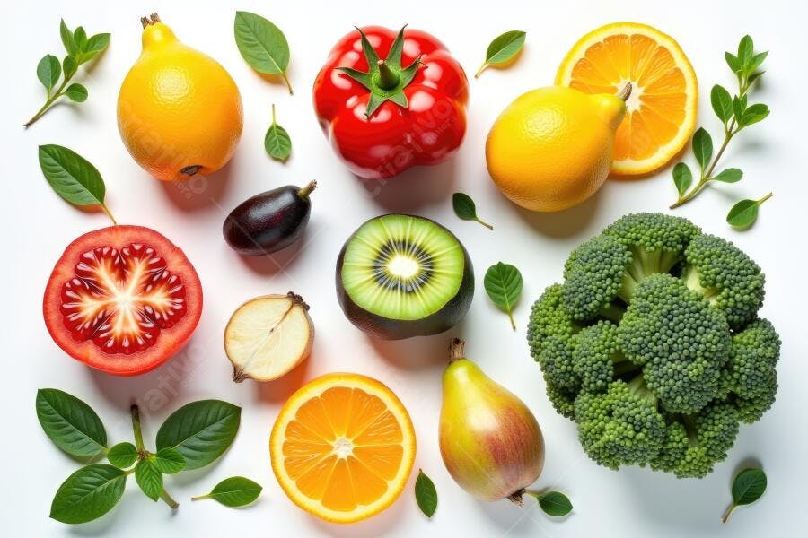 Foto Flat Lay Frutas Legumes Frescos Saudáveis Fundo Branco