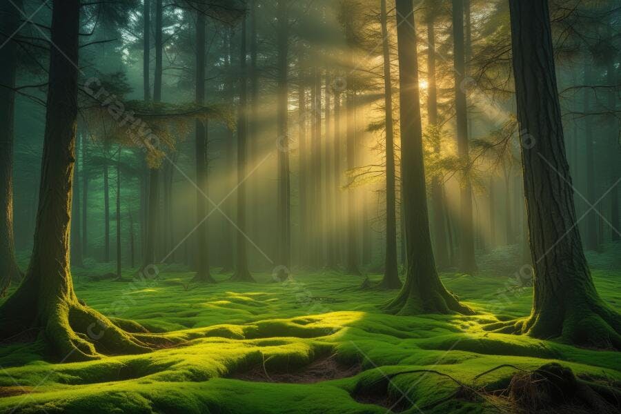 Foto Floresta Mística Raios de Sol Árvores Altas Musgo Verde