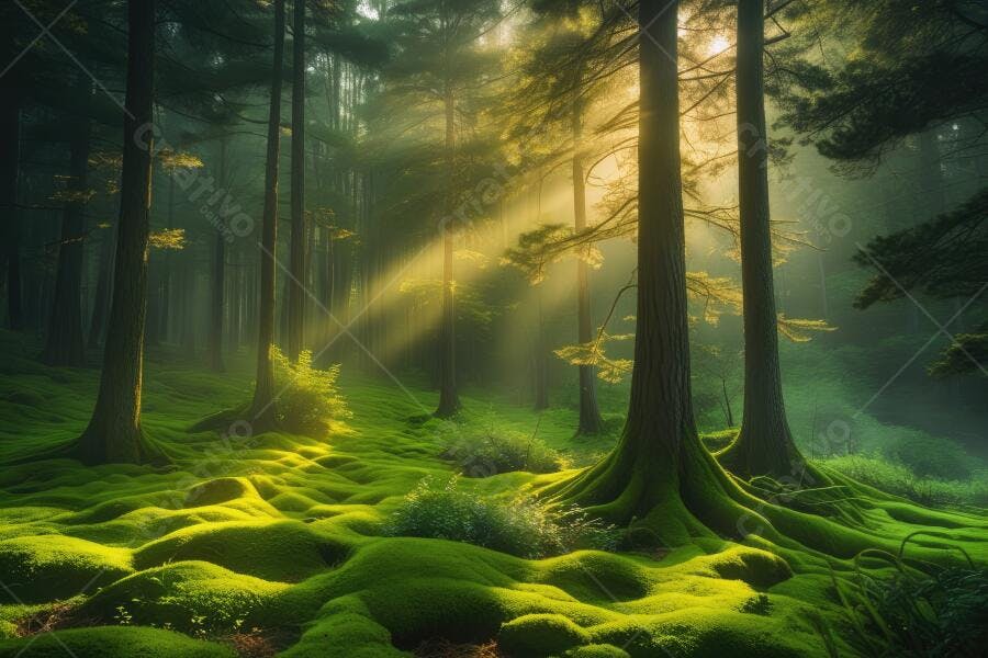 Foto Floresta Mística com Raios de Sol Iluminando Musgo Verde