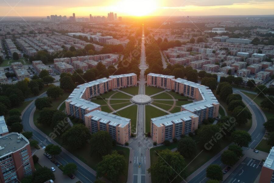 Foto Aérea Edifícios Residenciais Urbanos Pôr do Sol Dourado