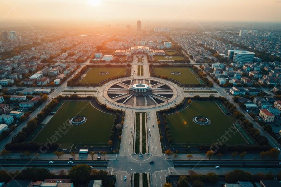 Foto Aérea Praça Monumental Urbana Pôr do Sol Vista Panorâmica