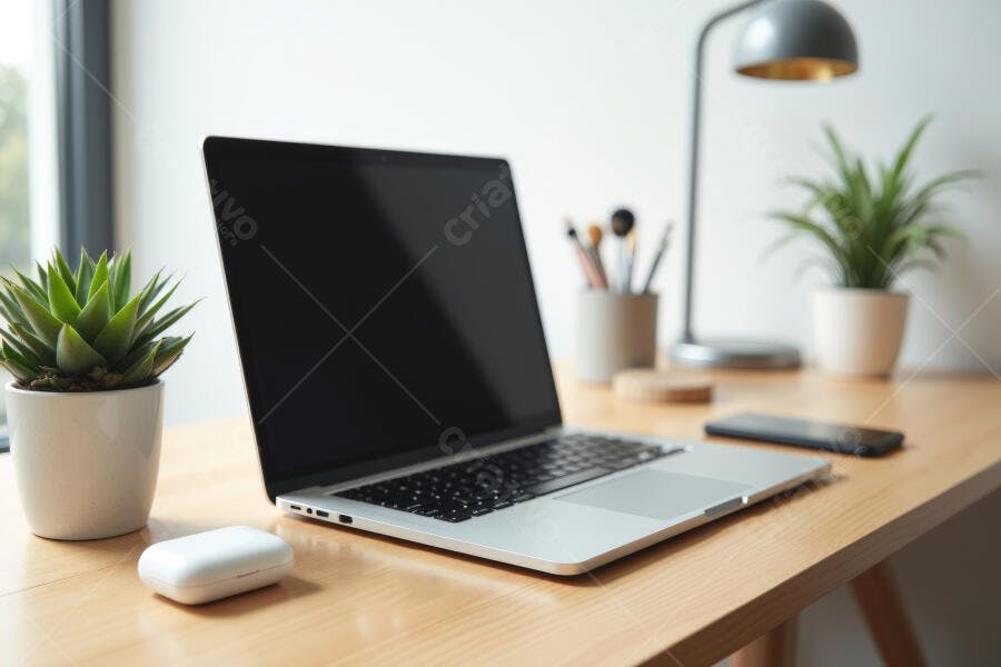 Foto Notebook Aberto Mesa de Escritório Home Office Minimalista