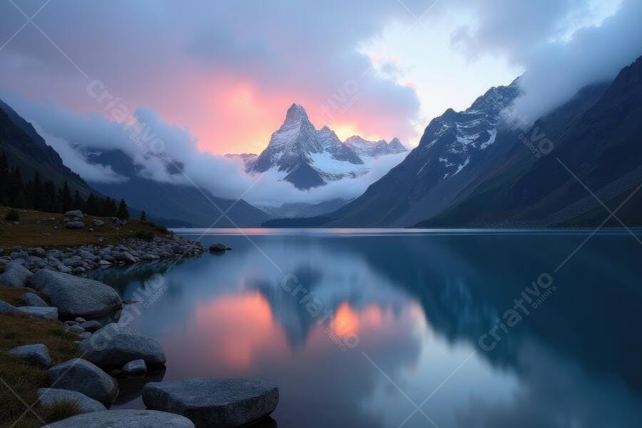 Foto Paisagem Montanhas Nevadas Lago Reflexo Pôr do Sol